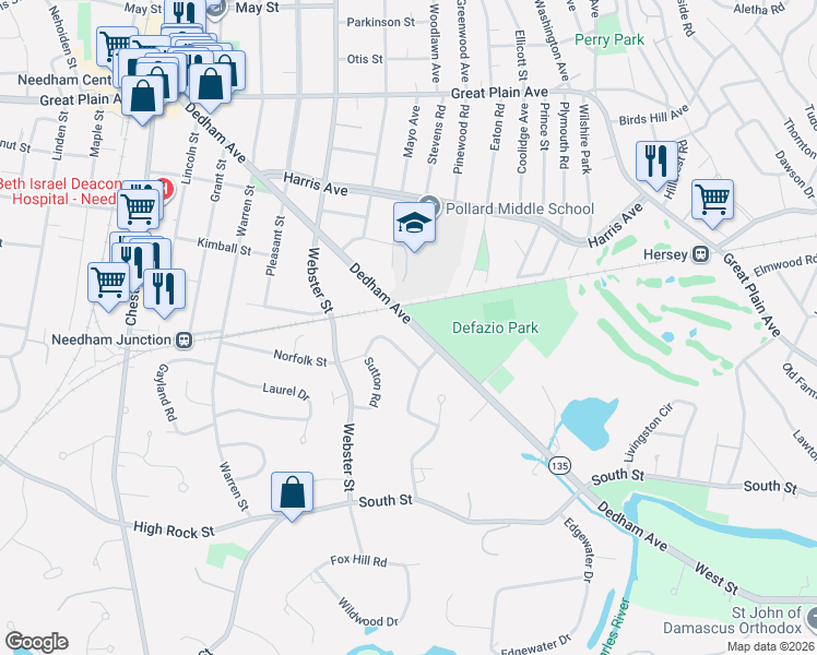 map of restaurants, bars, coffee shops, grocery stores, and more near 311 Dedham Avenue in Needham