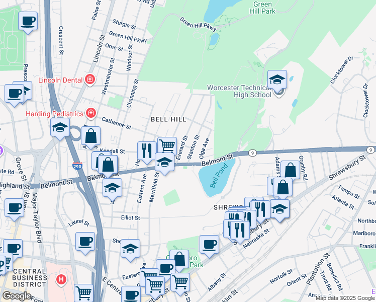 map of restaurants, bars, coffee shops, grocery stores, and more near 19 Stanton Street in Worcester