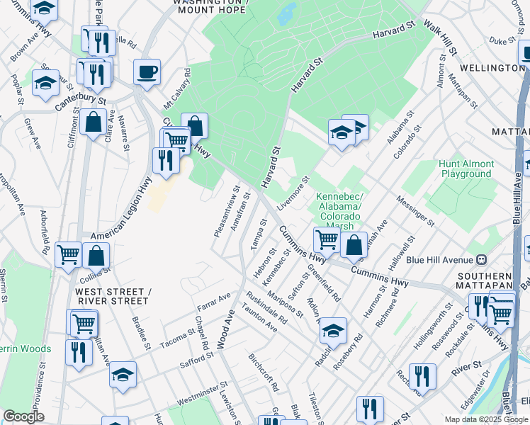 map of restaurants, bars, coffee shops, grocery stores, and more near 16 Tampa Street in Boston