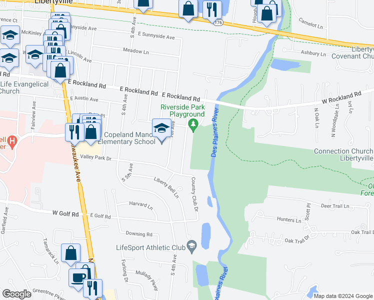 map of restaurants, bars, coffee shops, grocery stores, and more near 734 Kenwood Avenue in Libertyville
