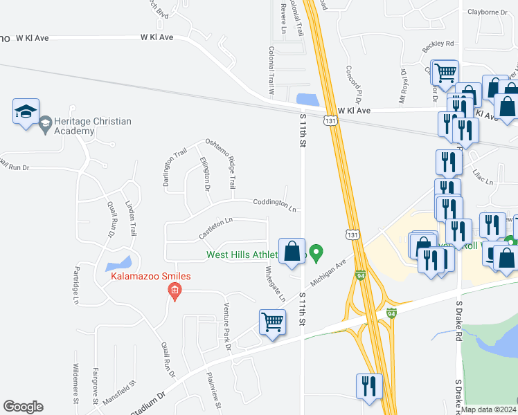 map of restaurants, bars, coffee shops, grocery stores, and more near 5637 Coddington Lane in Kalamazoo