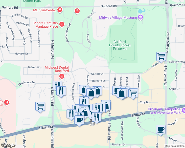 map of restaurants, bars, coffee shops, grocery stores, and more near 6402 Garrett Lane in Rockford