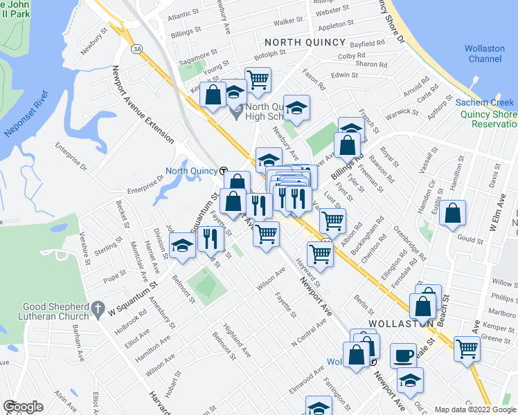map of restaurants, bars, coffee shops, grocery stores, and more near 62 Newport Avenue in Quincy