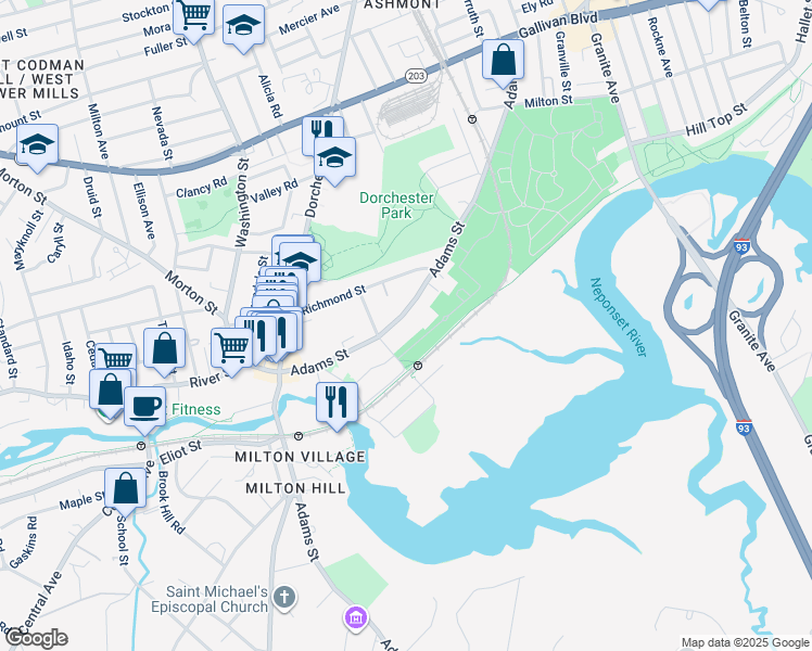 map of restaurants, bars, coffee shops, grocery stores, and more near Branchfield Street in Boston