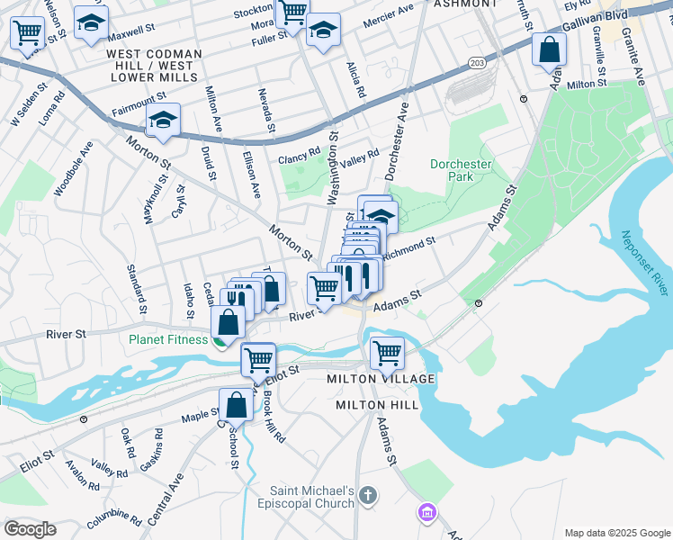 map of restaurants, bars, coffee shops, grocery stores, and more near 1129 Washington Street in Boston
