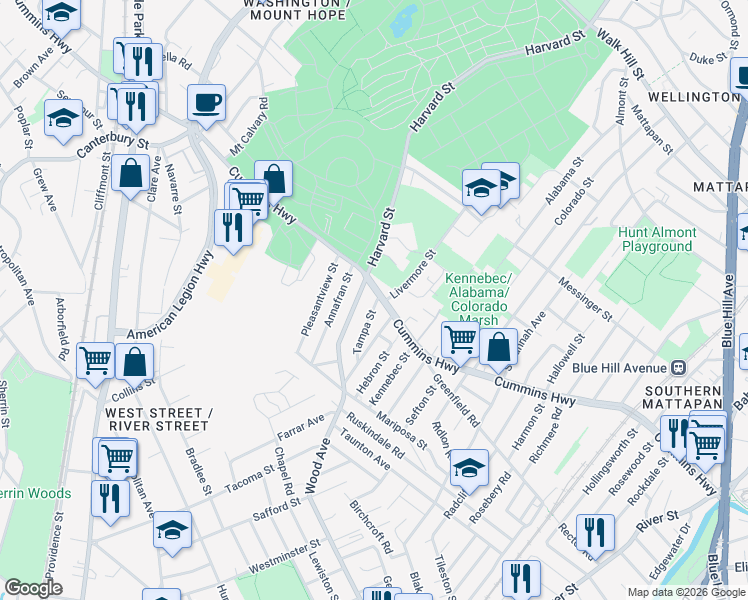 map of restaurants, bars, coffee shops, grocery stores, and more near 16 Tampa Street in Boston