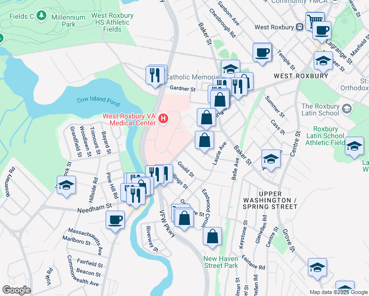 map of restaurants, bars, coffee shops, grocery stores, and more near 270 Spring Street in Boston