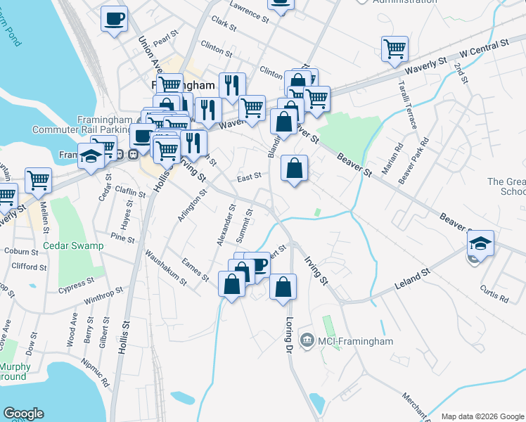 map of restaurants, bars, coffee shops, grocery stores, and more near 24 Summit Path in Framingham