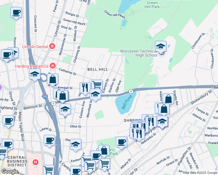 map of restaurants, bars, coffee shops, grocery stores, and more near 199 Belmont Street in Worcester