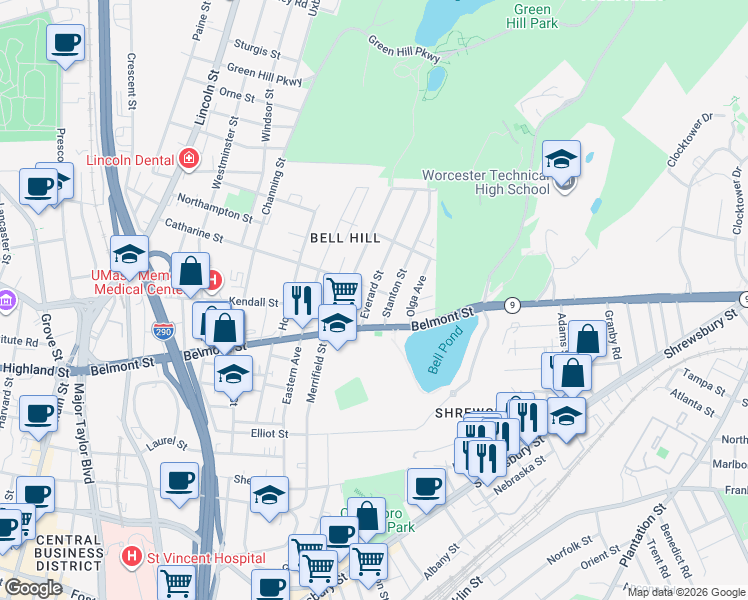 map of restaurants, bars, coffee shops, grocery stores, and more near 199 Belmont Street in Worcester