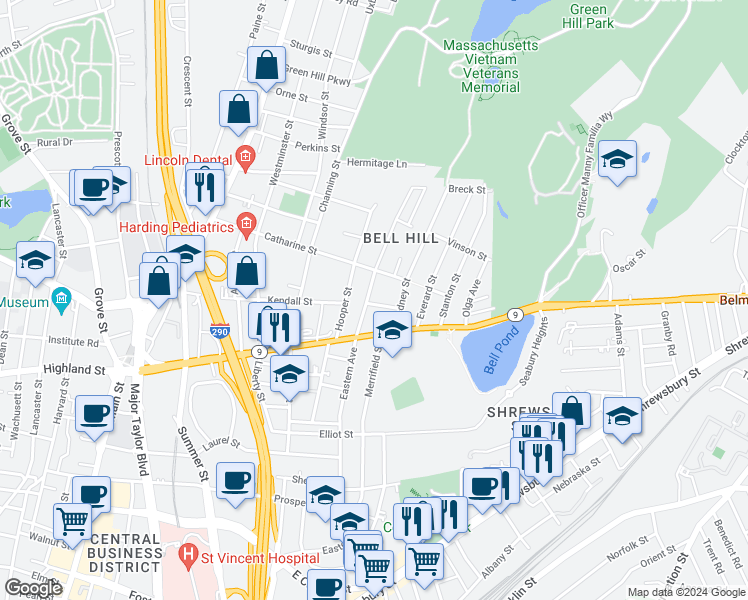 map of restaurants, bars, coffee shops, grocery stores, and more near 137A Eastern Avenue in Worcester