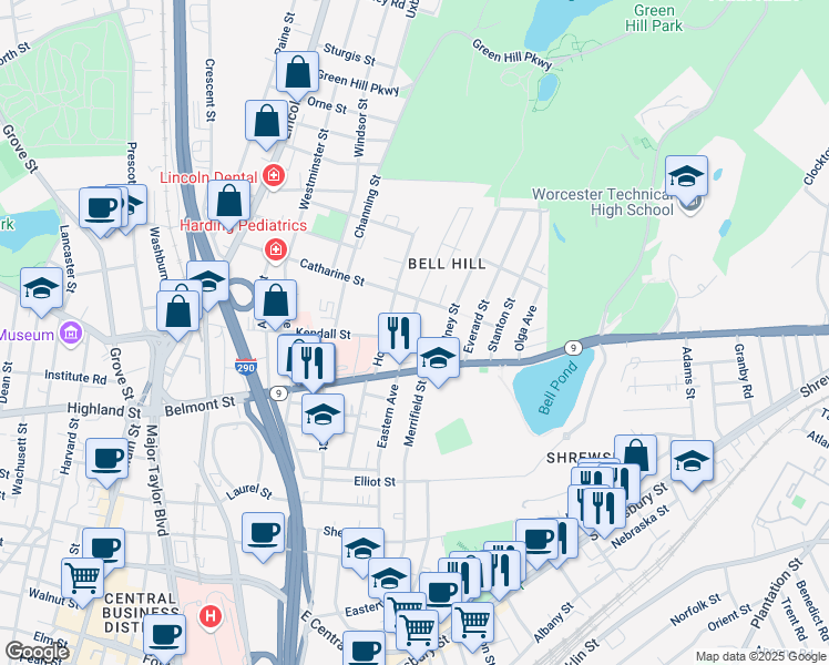 map of restaurants, bars, coffee shops, grocery stores, and more near 137A Eastern Avenue in Worcester