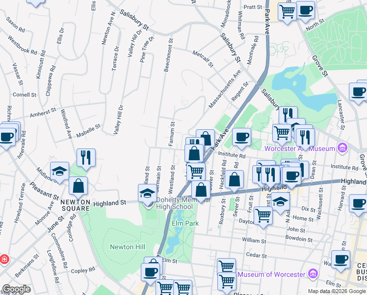 map of restaurants, bars, coffee shops, grocery stores, and more near 40 Lee Street in Worcester