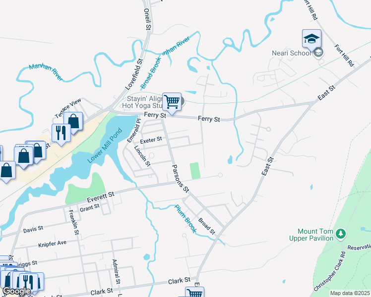 map of restaurants, bars, coffee shops, grocery stores, and more near 61-63 Parsons Street in Easthampton