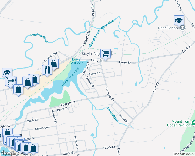 map of restaurants, bars, coffee shops, grocery stores, and more near 17 Maine Avenue in Easthampton