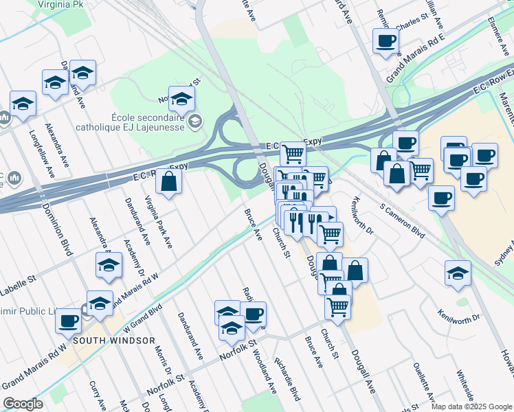map of restaurants, bars, coffee shops, grocery stores, and more near 2975 Bruce Avenue in Windsor