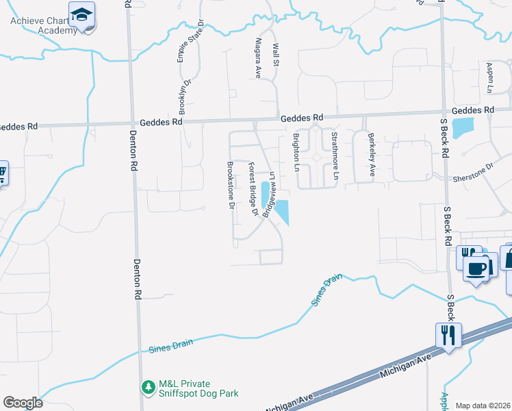 map of restaurants, bars, coffee shops, grocery stores, and more near 4404 Forest Bridge Drive in Canton