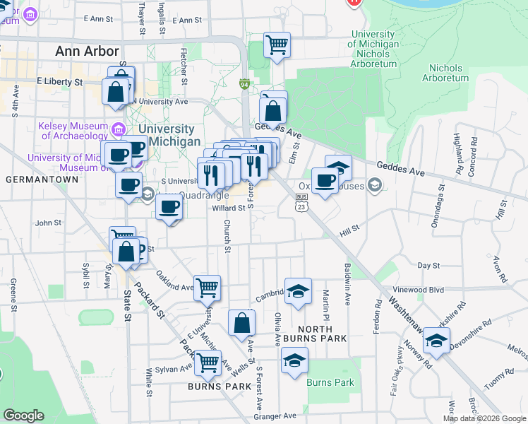 map of restaurants, bars, coffee shops, grocery stores, and more near 721 South Forest Avenue in Ann Arbor