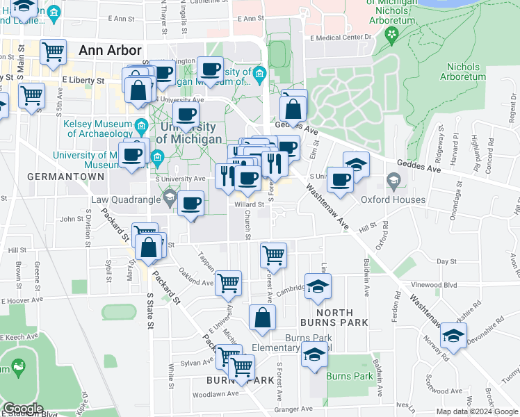 map of restaurants, bars, coffee shops, grocery stores, and more near 721 Church Street in Ann Arbor
