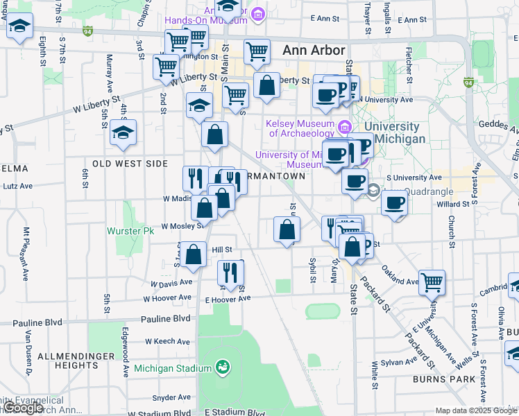 map of restaurants, bars, coffee shops, grocery stores, and more near 12 South 5th Avenue in Ann Arbor