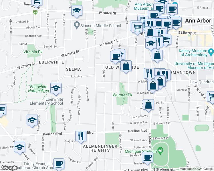map of restaurants, bars, coffee shops, grocery stores, and more near 800 Princeton Avenue in Ann Arbor
