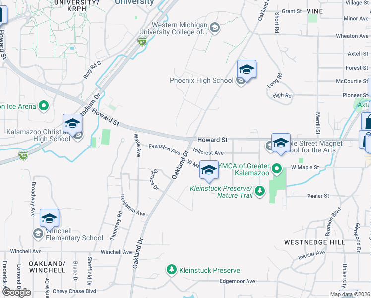 map of restaurants, bars, coffee shops, grocery stores, and more near 1846 Oakland Drive in Kalamazoo