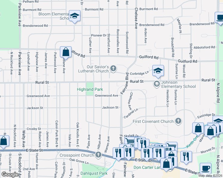 map of restaurants, bars, coffee shops, grocery stores, and more near 3304 Greenwood Avenue in Rockford