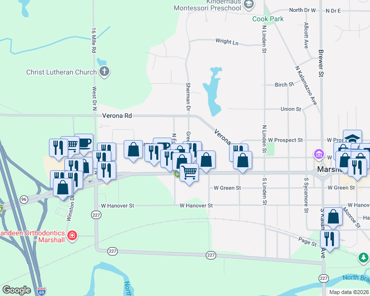 map of restaurants, bars, coffee shops, grocery stores, and more near 110 Fountain Street in Marshall
