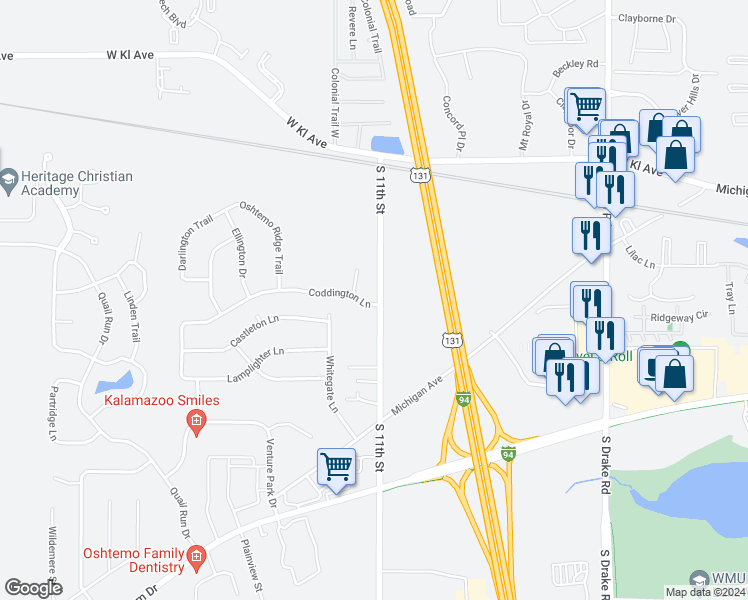 map of restaurants, bars, coffee shops, grocery stores, and more near 1664 South 11th Street in Kalamazoo