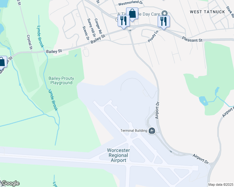 map of restaurants, bars, coffee shops, grocery stores, and more near 275A Airport Drive in Worcester