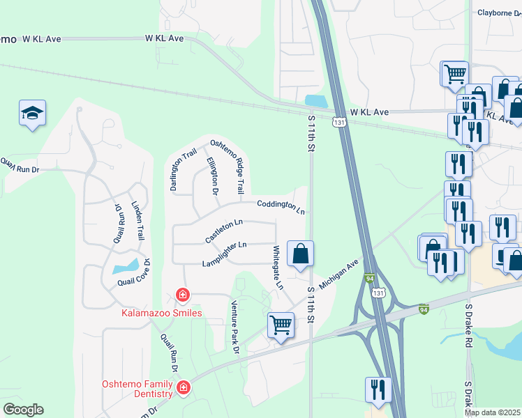map of restaurants, bars, coffee shops, grocery stores, and more near 5661 Coddington Lane in Kalamazoo