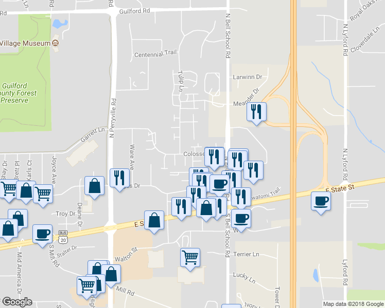 map of restaurants, bars, coffee shops, grocery stores, and more near 7309 Colosseum Drive in Rockford
