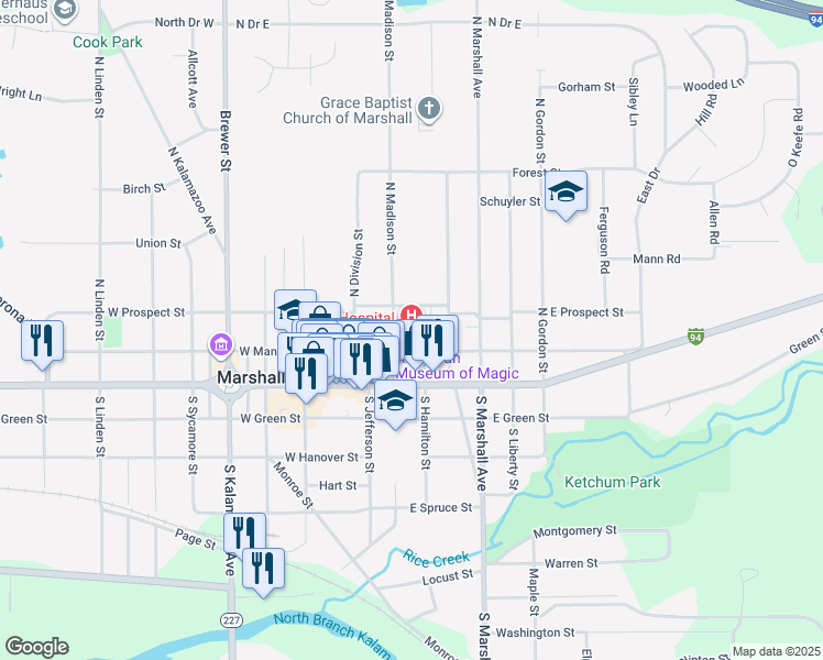 map of restaurants, bars, coffee shops, grocery stores, and more near 215 East Mansion Street in Marshall