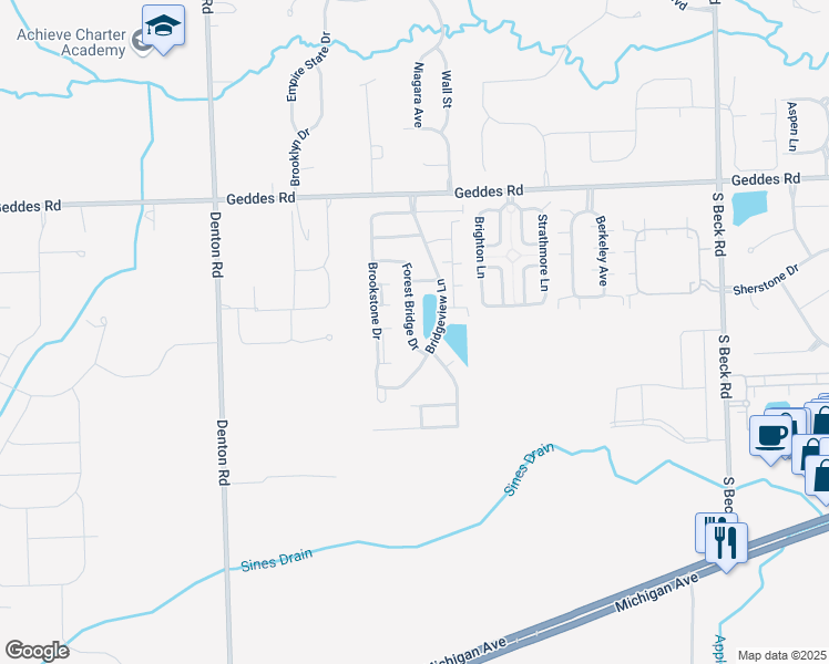 map of restaurants, bars, coffee shops, grocery stores, and more near 4404 Forest Bridge Drive in Canton
