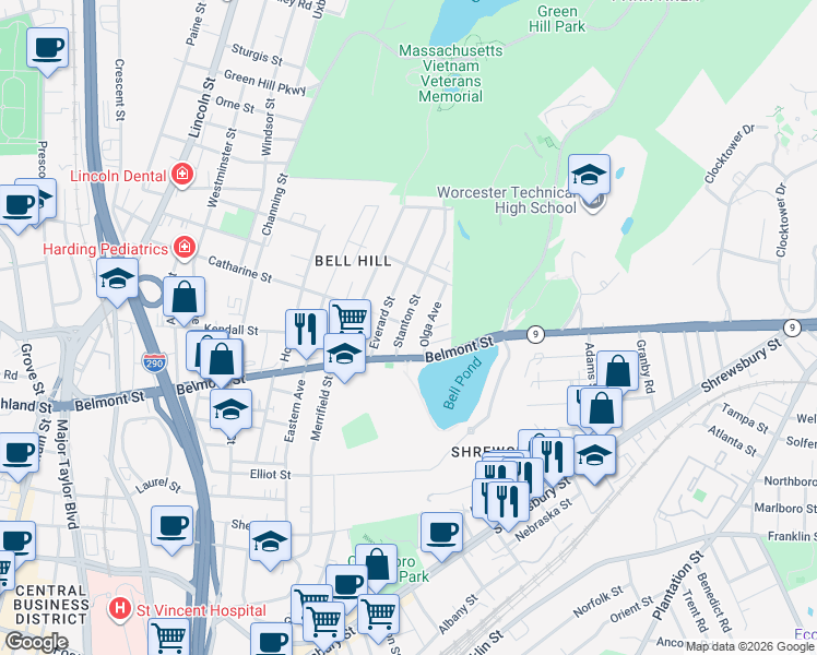 map of restaurants, bars, coffee shops, grocery stores, and more near 24 Stanton Street in Worcester