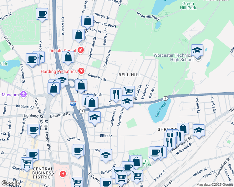 map of restaurants, bars, coffee shops, grocery stores, and more near 148 Eastern Avenue in Worcester