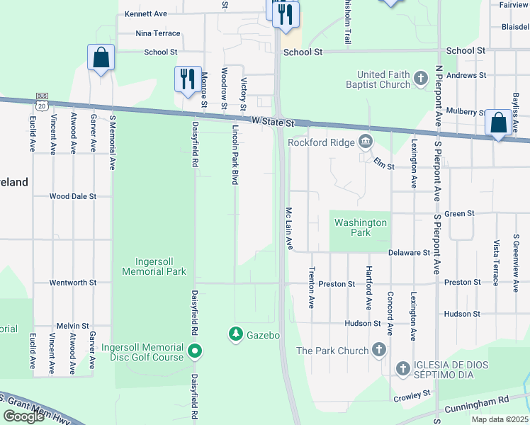 map of restaurants, bars, coffee shops, grocery stores, and more near 402 Lincoln Park Boulevard in Rockford