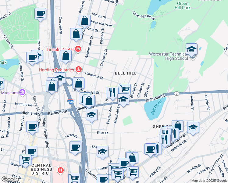 map of restaurants, bars, coffee shops, grocery stores, and more near 148 Eastern Avenue in Worcester