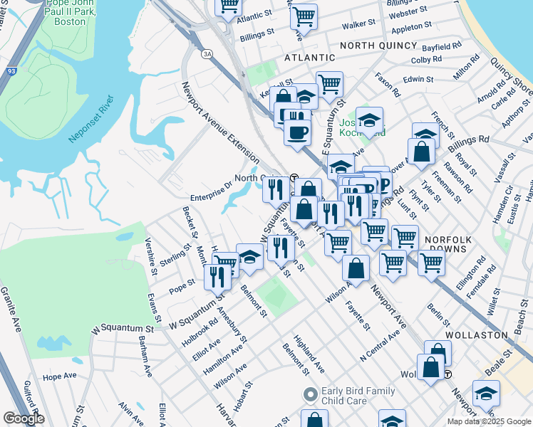 map of restaurants, bars, coffee shops, grocery stores, and more near 95 West Squantum Street in Quincy