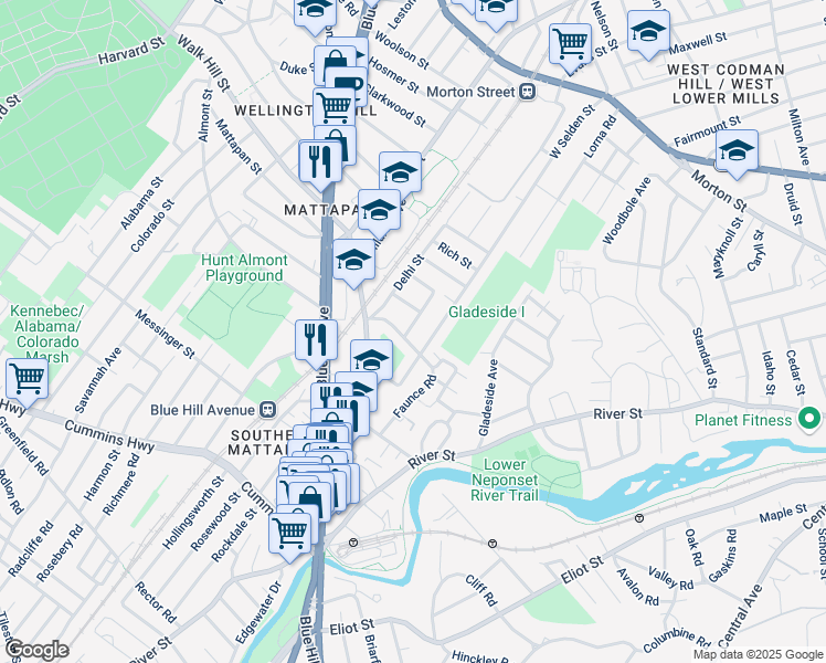map of restaurants, bars, coffee shops, grocery stores, and more near 2 Dania Terrace in Boston