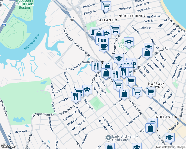 map of restaurants, bars, coffee shops, grocery stores, and more near 95 West Squantum Street in Quincy