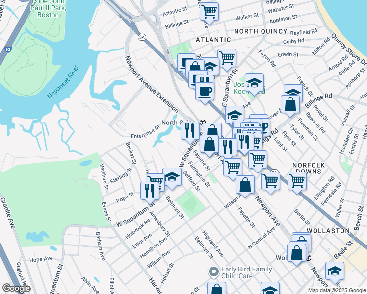 map of restaurants, bars, coffee shops, grocery stores, and more near in Quincy
