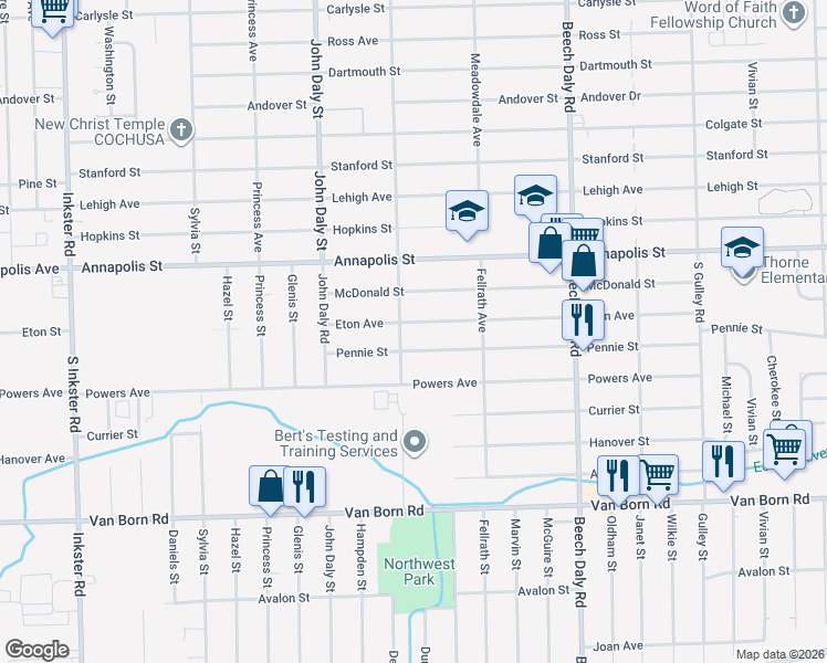 map of restaurants, bars, coffee shops, grocery stores, and more near 26309 Pennie Street in Dearborn Heights