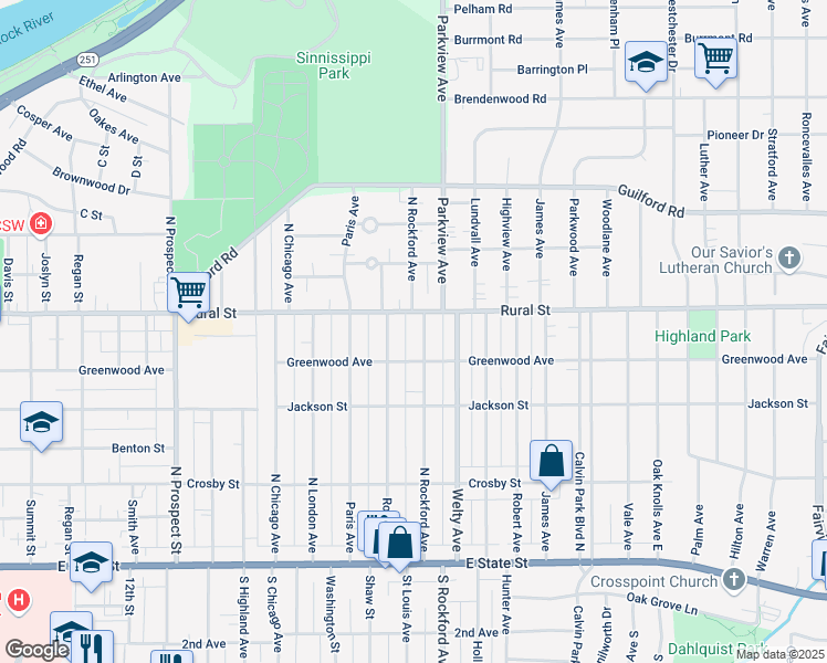 map of restaurants, bars, coffee shops, grocery stores, and more near 2304 Greenwood Avenue in Rockford