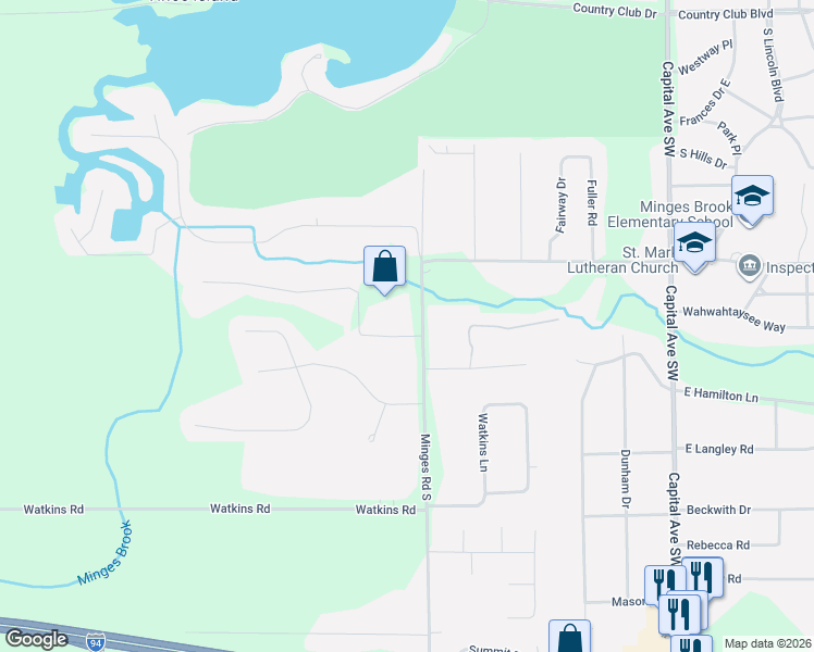 map of restaurants, bars, coffee shops, grocery stores, and more near 144 Minges Road South in Battle Creek