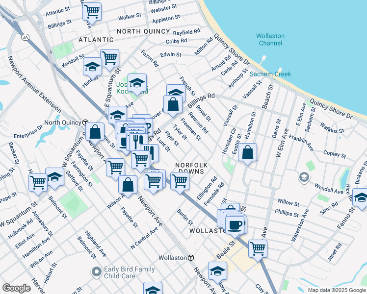 map of restaurants, bars, coffee shops, grocery stores, and more near in Quincy
