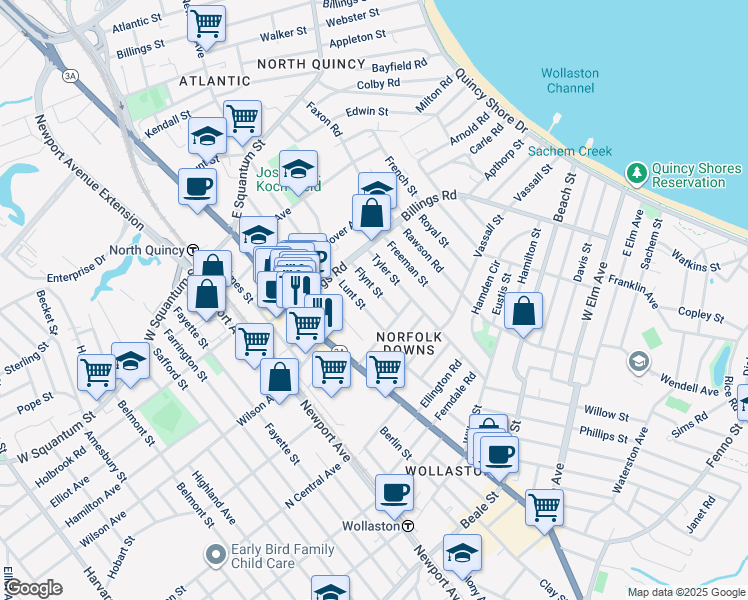 map of restaurants, bars, coffee shops, grocery stores, and more near 55 Lunt Street in Quincy