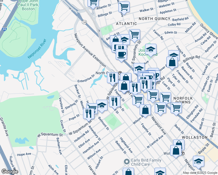 map of restaurants, bars, coffee shops, grocery stores, and more near in Quincy