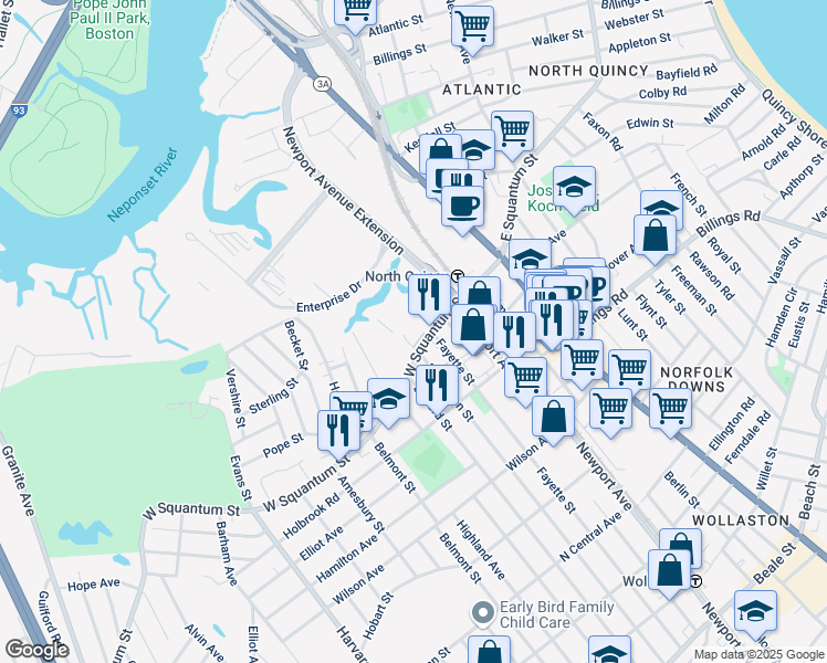 map of restaurants, bars, coffee shops, grocery stores, and more near in Quincy