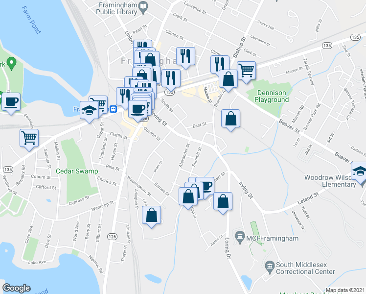 map of restaurants, bars, coffee shops, grocery stores, and more near 34 Alexander Street in Framingham